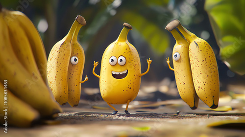 A playful bunch of bananas with one banana sporting small arms engages in whimsical fun among lush greenery photo