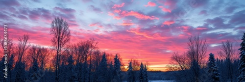 Bare, snow-dusted trees stand silhouetted against a breathtaking sunrise