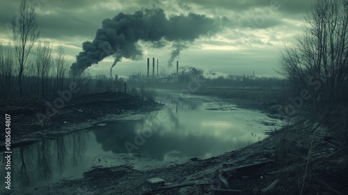 Factory belches dark smoke into the sky, dense pollution spreads across the landscape, barren earth, lifeless plants, polluted river photo