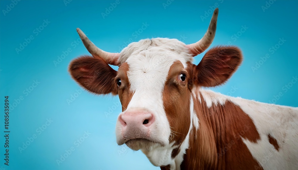 brown and white cow standing against a light blue background. The cow has a white face, pink nose, and horns. brown and white cow standing against a light blue background. The cow has a white face, pink nose, and horns.