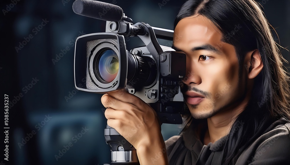Close-up of a cameraman operating a professional video camera Close-up of a cameraman operating a professional video camera
