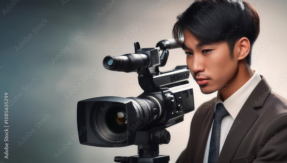 Close-up of a cameraman operating a professional video camera Close-up of a cameraman operating a professional video camera