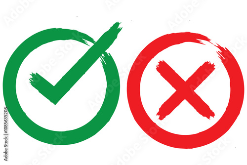 Two dirty grunge cross x and tick OK check marks in check boxes, hand drawn with brush strokes vector illustration isolated on white background. Check mark symbol NO and YES buttons for web vote, etc