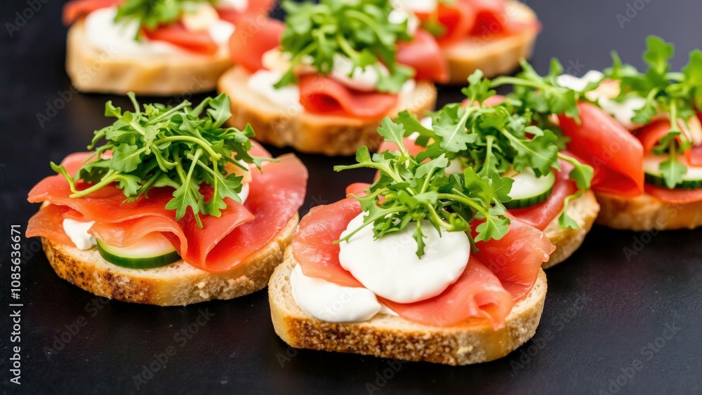 Gourmet Smoked Salmon Appetizers on Toasted Bread with Fresh Herbs and Cream Cheese - Perfect for Parties and Elegant Dinners Gourmet Smoked Salmon Appetizers on Toasted Bread with Fresh Herbs and Cream Cheese - Perfect for Parties and Elegant Dinners