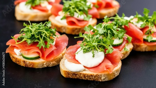 Gourmet Smoked Salmon Appetizers on Toasted Bread with Fresh Herbs and Cream Cheese - Perfect for Parties and Elegant Dinners