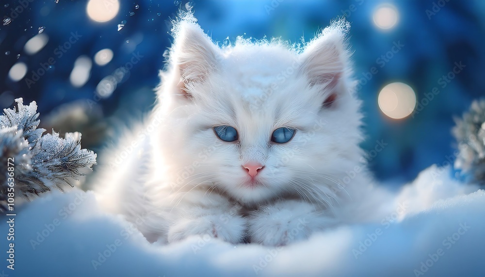 This is a heartwarming Christmas picture of a fluffy white kitten curled up in the snow. This is a heartwarming Christmas picture of a fluffy white kitten curled up in the snow.