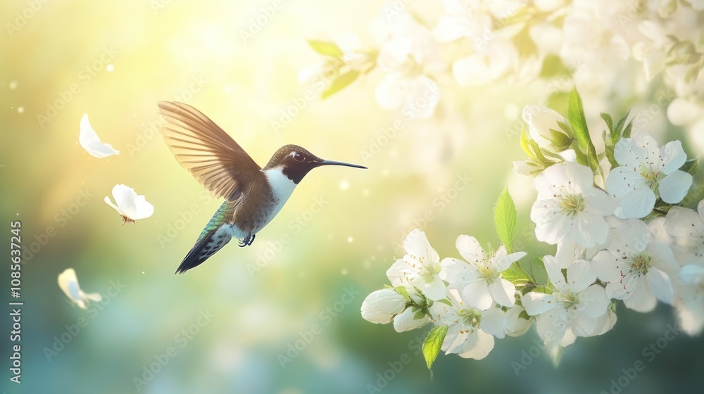 Fototapeta premium Hummingbird in Flight with Cherry Blossoms