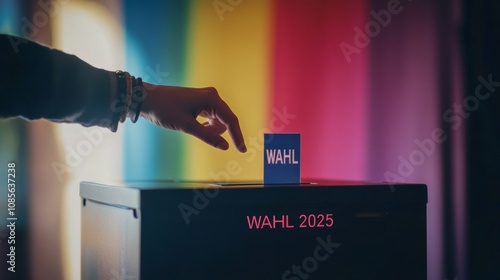 Wählen für eine hellere Zukunft: Eine Hand wirft einen Stimmzettel in eine Box vor einem Regenbogen-Hintergrund, der Inklusivität und Demokratie symbolisiert photo