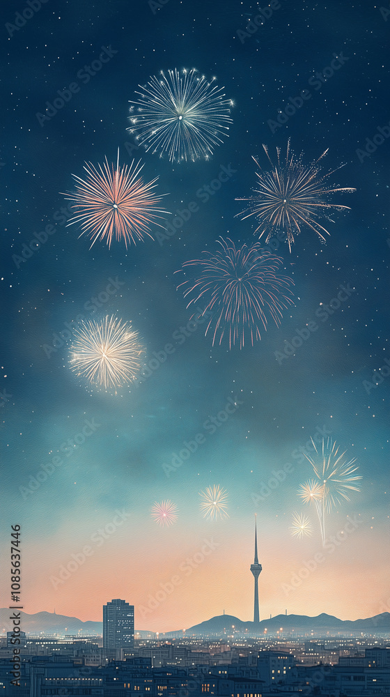 Fireworks Lighting Up the Night Sky Over City Skyline Fireworks Lighting Up the Night Sky Over City Skyline