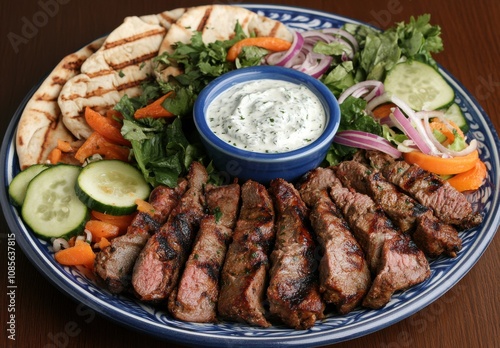 vibrant plate of lamb shawarma kebabs, greek salad with tzats Worth and white cream cheese on the side