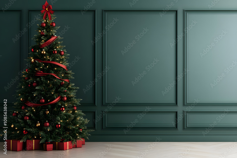 Decorated Christmas tree on green night background. Happy Holidays. Leave space for text. Decorated Christmas tree on green night background. Happy Holidays. Leave space for text.