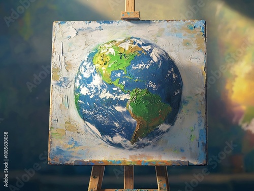 Earth as a Hand Painted Masterpiece on Easel Humanity s Influence Depicted photo