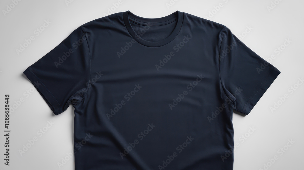 A stylish navy blue short-sleeve t-shirt laid flat on a light background, showcasing its simple yet modern design and smooth fabric texture. A stylish navy blue short-sleeve t-shirt laid flat on a light background, showcasing its simple yet modern design and smooth fabric texture.