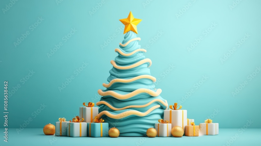 This stylized Christmas tree with presents and a yellow star on top is ideal for a Christmas greeting card design. Illustration in 3D. This stylized Christmas tree with presents and a yellow star on top is ideal for a Christmas greeting card design. Illustration in 3D.
