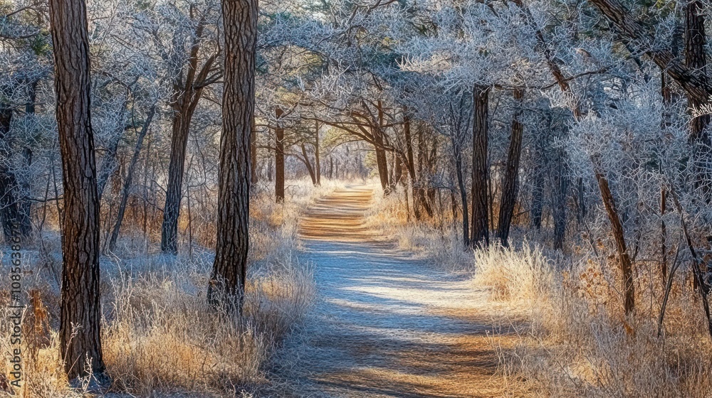 Serene winter pathway through frosty trees and golden grasses. Serene winter pathway through frosty trees and golden grasses.