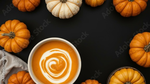 Cozy Autumn Soup Surrounded by Pumpkins - Perfect for Fall Decor, Thanksgiving, or Halloween photo