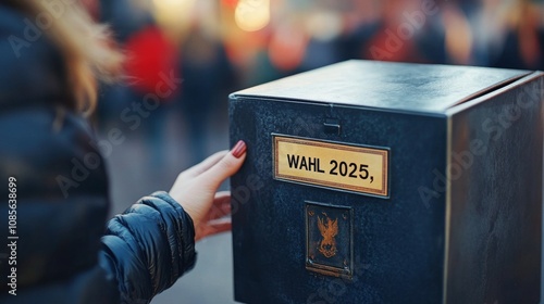 Wählen bei den Wahlen 2025 Eine Nahaufnahme einer Wahlurne inmitten eines überfüllten Wahllokals photo