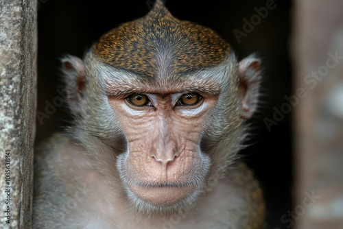 Chimpanzee portrait on dark background, close-up. Generative AI. Beautiful simple AI generated image photo