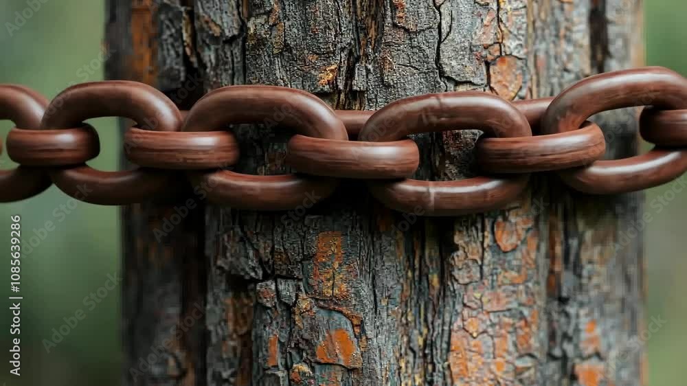 A close-up view of a dark brown chain encircling a tree A close-up view of a dark brown chain encircling a tree