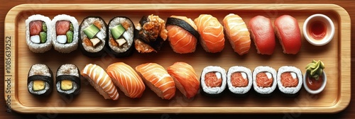 A rectangular wooden tray holds a beautifully arranged selection of sushi photo