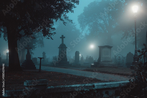 Fantastically mysterious cemetery with tombstones and scary atmosphere