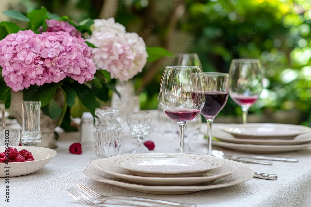 elegant outdoor festive table setting with wine and hydrangea flowers, beautiful light elegant outdoor festive table setting with wine and hydrangea flowers, beautiful light