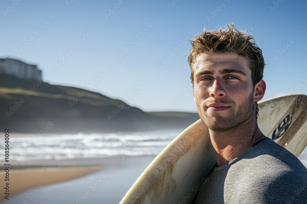 Curly-haired surfer sitting on the beach sand and looking at the seascape captured from behind. Beautiful simple AI generated image Curly-haired surfer sitting on the beach sand and looking at the seascape captured from behind. Beautiful simple AI generated image