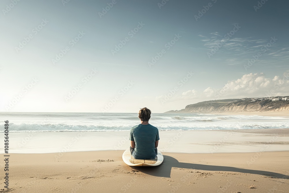 Curly-haired surfer sitting on the beach sand and looking at the seascape captured from behind. Beautiful simple AI generated image Curly-haired surfer sitting on the beach sand and looking at the seascape captured from behind. Beautiful simple AI generated image