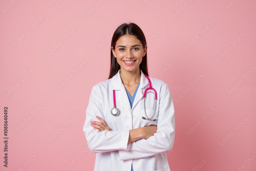 Smiling female doctor in white coat with stethoscope on pink background. Smiling female doctor in white coat with stethoscope on pink background.