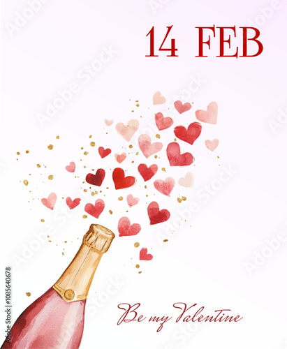 Valentine's Day watercolor card with a bottle of champagne. A bottle of champagne with hearts popping out of it. Be my Valentine. Romantic love card.