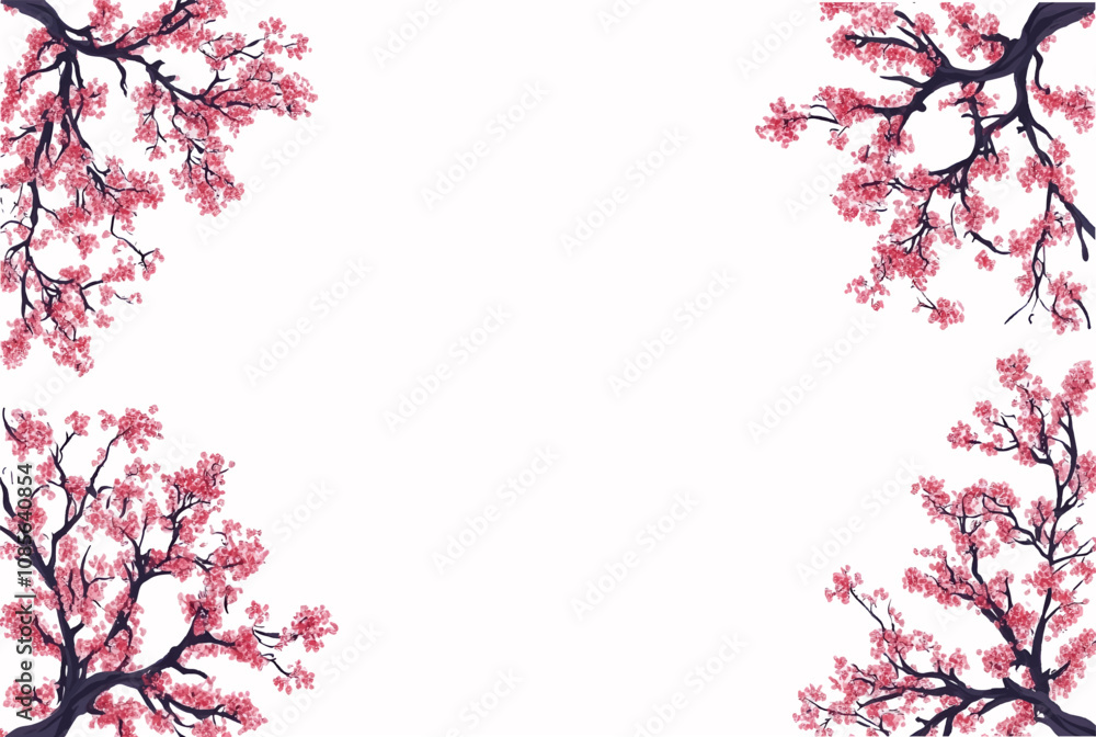 Sakura blossom watercolor banner with branches of blooming sakura trees. Sakura tree branches on a light pink background. Banner for spring illustrations, etc. Vector illustration. Sakura blossom watercolor banner with branches of blooming sakura trees. Sakura tree branches on a light pink background. Banner for spring illustrations, etc. Vector illustration.
