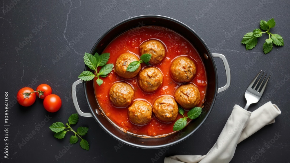 Delicious Meatballs in Rich Tomato Sauce, Perfect for a Cozy Dinner, Garnished with Fresh Herbs and Tomatoes Delicious Meatballs in Rich Tomato Sauce, Perfect for a Cozy Dinner, Garnished with Fresh Herbs and Tomatoes
