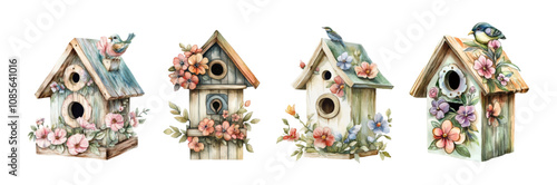 Watercolor set of spring wooden birdhouses decorated with flowers png.Vintage wooden birdhouses decorated with flowers watercolor. Spring concept, spring elements. Vector illustration.