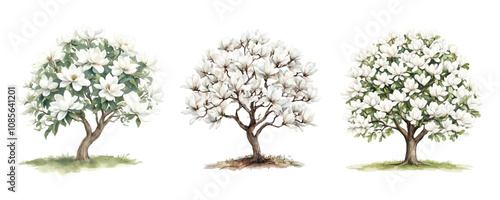 Watercolor set of magnolia trees. Spring blooming white magnolia trees watercolor on isolated background. Spring concept. Watercolor botany.