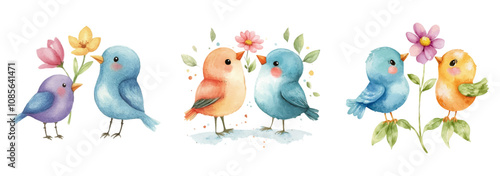 Set of cute spring watercolor birds with flowers png. Cute birds in cartoon watercolor style holding flowers next to them. Spring concept. Vector illustration.