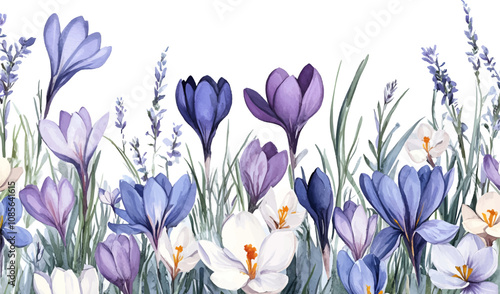 Watercolor field with spring crocuses png. Watercolor spring botany. First flowers of spring. Vector illustration.