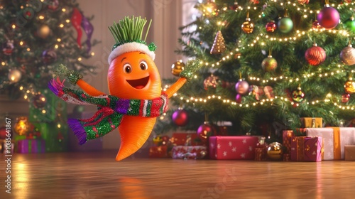 A joyful carrot, wearing a festive scarf, twirling and dancing in front of a beautifully decorated Christmas tree with twinkling lights and ornaments. 