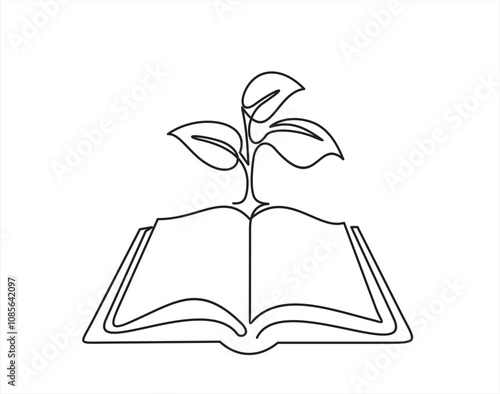 Opened book with sprout plant in one continuous line drawing . Education study and knowledge concept in simple linear style. Growing wisdom. Doodle contour vector illustration	