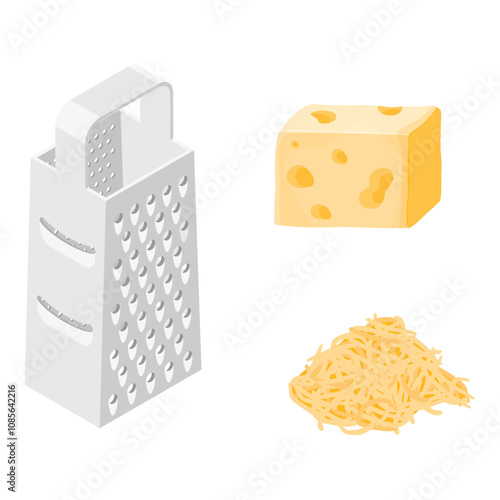 Cheese grater, grated cheese and piece of cheese