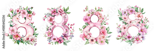 Watercolor set of numbers 8 decorated with pink flowers png. Symbol of International Women's Day. Elements for designs for March 8. Vector illustration.