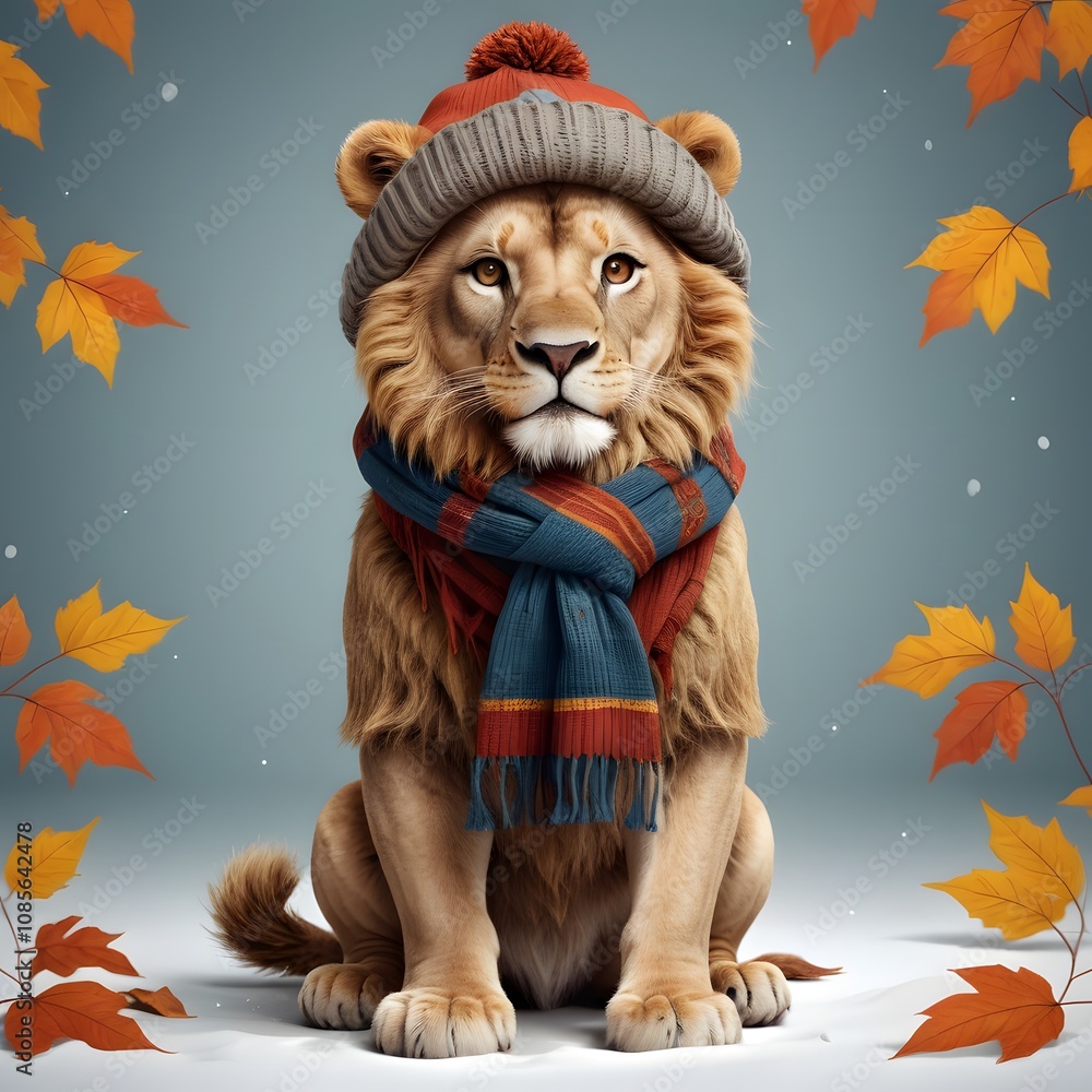 Obraz premium Majestic Lion in Winter Wonderland: A Cozy Autumnal Portrait of a King
