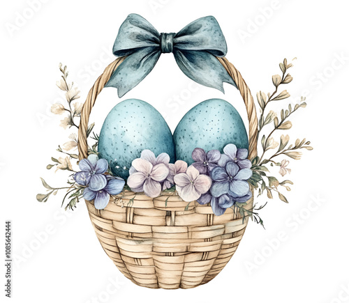 Watercolor Easter basket png. Wicker basket filled with flowers and Easter eggs and decorated with a watercolor bow. Happy Easter. Easter concept. Vector illustration.