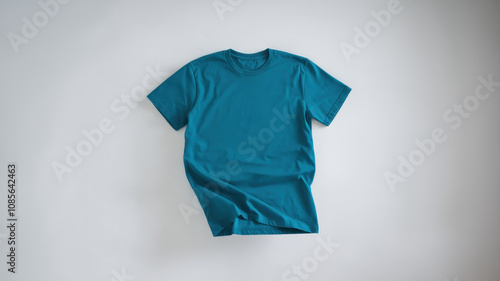 A vibrant teal t-shirt laid flat against a minimalist white background, showcasing its soft fabric and casual style.