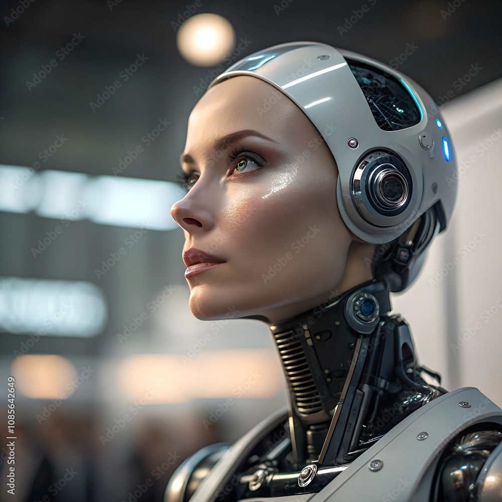 Artificial intelligence concept. Female robot face. Cinematic colors, studio lightning
Artificial intelligence concept. Female robot face. Cinematic colors, studio lightning
