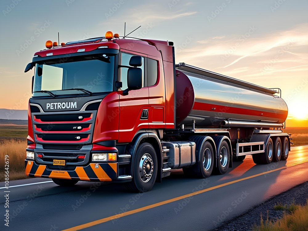 Petrol tanker truck cruising on a freeway delivering petrol to petrol station Petrol tanker truck cruising on a freeway delivering petrol to petrol station