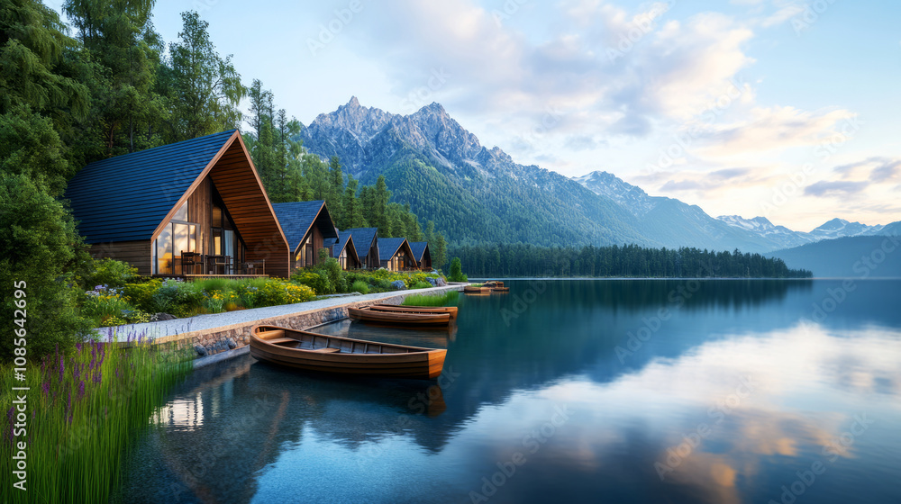 Naklejka premium Serene Lakeside Cabins Amidst Majestic Mountains and Lush Greenery, Perfect Retreat for Nature Lovers Seeking Peace and Tranquility in the Great Outdoors