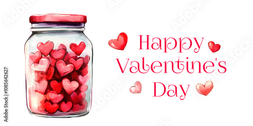 Happy Valentine's Day watercolor banner. Cute Valentine's Day banner with and glass transparent jar filled with hearts. Concept of love and feelings. Vector illustration.