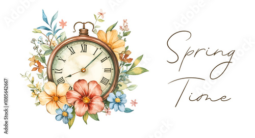 Watercolor clock decorated with flowers. Spring time. Vintage clock with flowers png. Spring concept. Vector illustration.