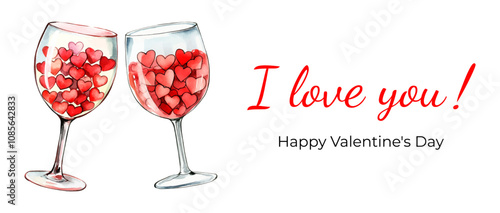 Happy Valentine's Day watercolor banner. Glass couple glasses filled with hearts. I love you, greeting inscription to February 14. The concept of feelings and love.