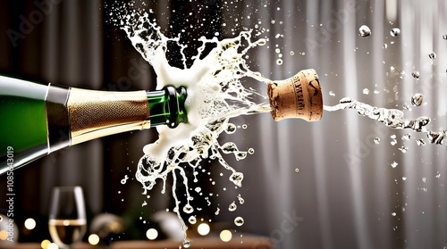 a champagne bottle with the cork out and the champagne spraying into the air